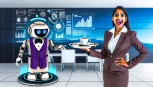A robot butler presenting digital documents and coffee to a smiling CEO.
