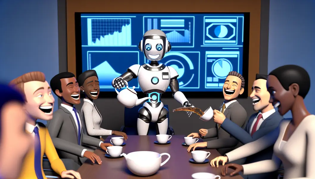 Robots serving tea in a futuristic yet cozy boardroom.